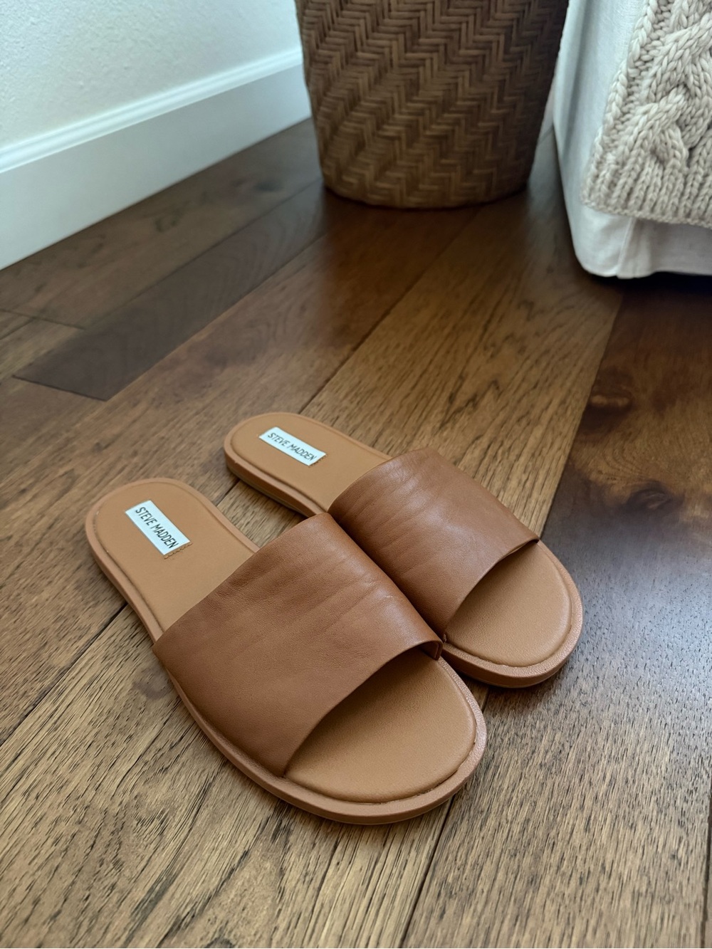 Steve Madden Cognac Leather Slide Sandals